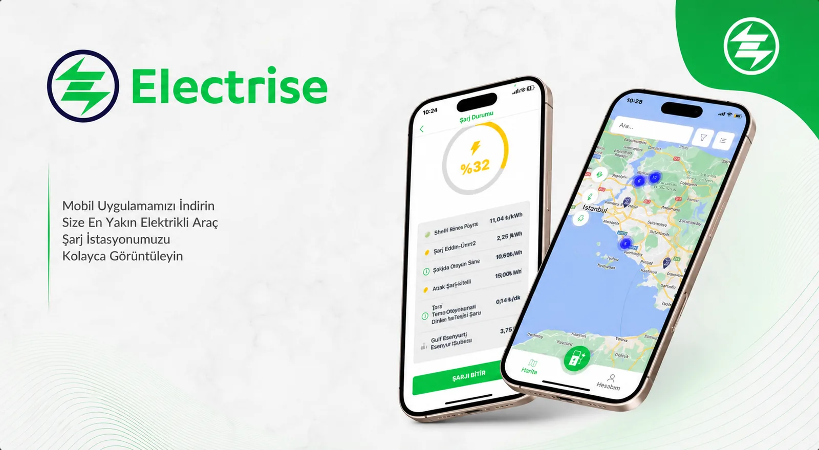 Electrise uygulamasında istasyon bulma ve şarj takibi